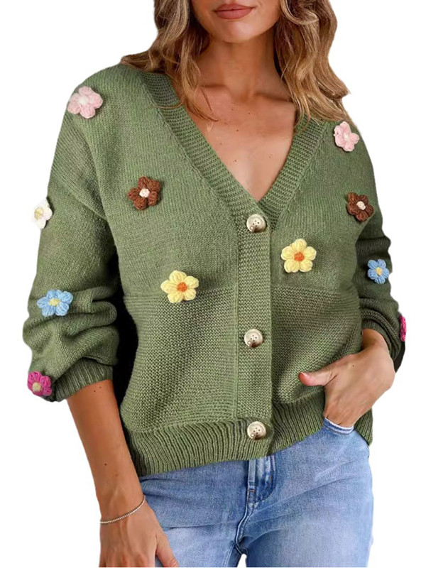 Long Sleeves Loose Buttoned Split-Joint Three-Dimensional Flower V-Neck Cardigan Tops