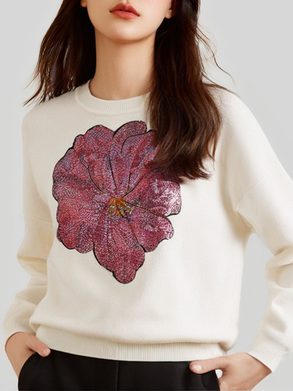Long Sleeves Loose Embroidered Flower Print Sequined Split-Joint Round-Neck Pullovers Sweater Tops