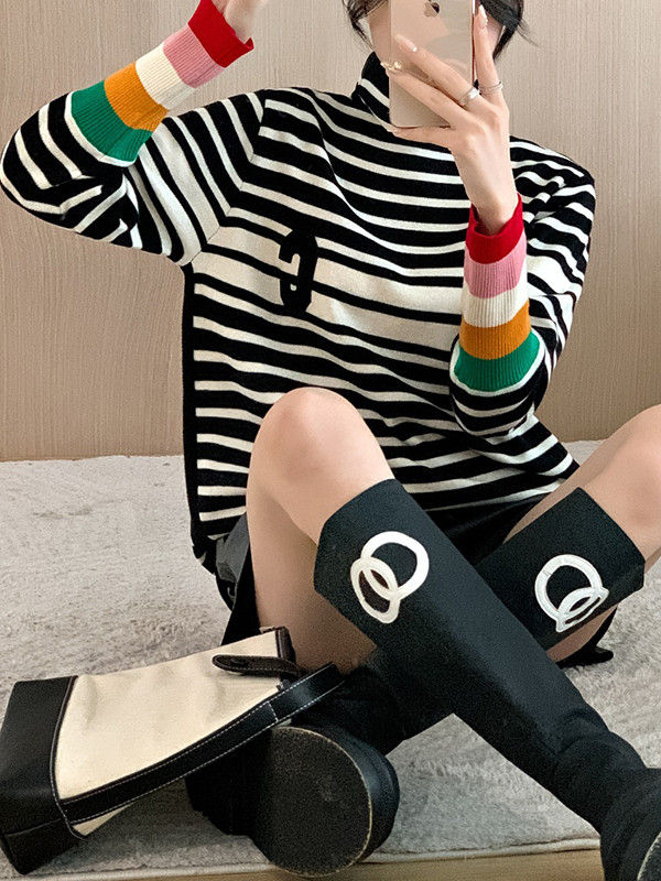 Long Sleeves Loose Contrast Color Knitted Letters Split-Joint Striped High Neck Pullovers Sweater Tops