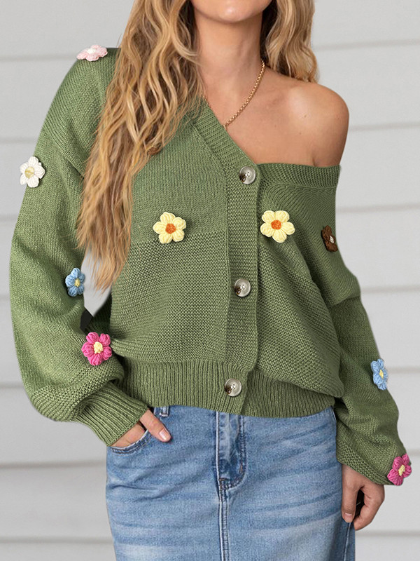 Long Sleeves Loose Buttoned Split-Joint Three-Dimensional Flower V-Neck Cardigan Tops