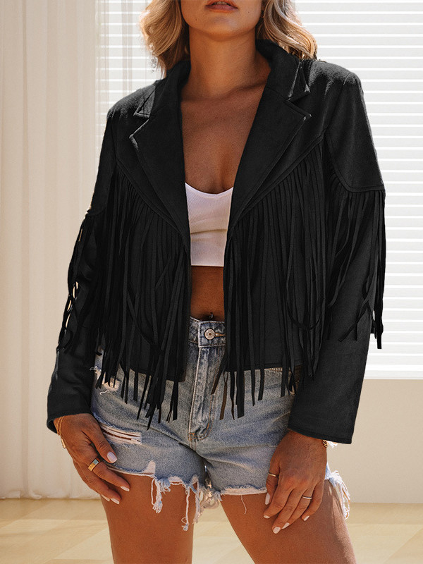 Batwing Sleeves Long Sleeves Solid Color Split-Joint Tasseled Notched Collar Jackets Outerwear