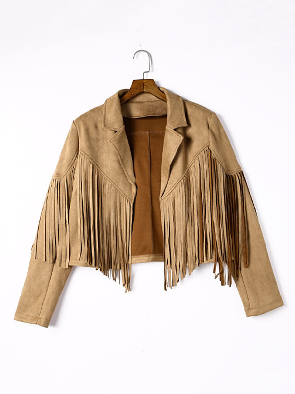 Batwing Sleeves Long Sleeves Solid Color Split-Joint Tasseled Notched Collar Jackets Outerwear