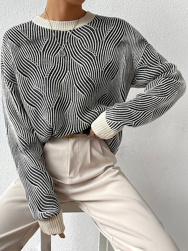 Long Sleeves Loose Contrast Color Split-Joint Striped Round-Neck Pullovers Sweater Tops