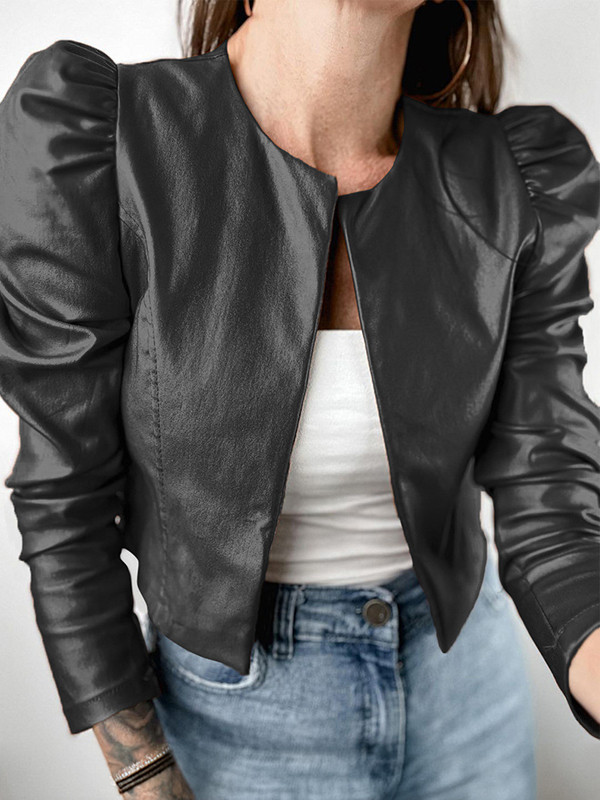 Long Sleeves Loose Pleated Solid Color Split-Joint Collarless Jackets Outerwear