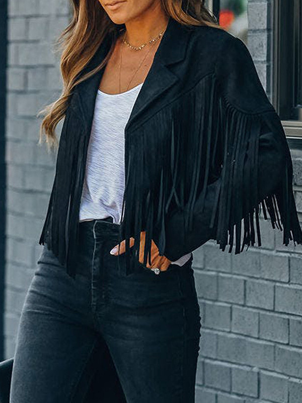 Batwing Sleeves Long Sleeves Solid Color Split-Joint Tasseled Notched Collar Jackets Outerwear