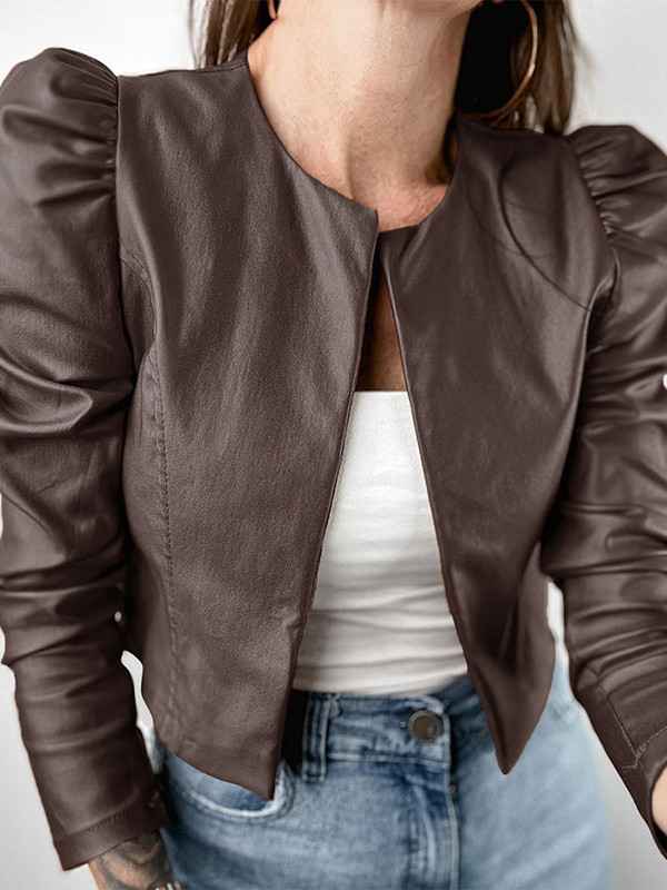 Long Sleeves Loose Pleated Solid Color Split-Joint Collarless Jackets Outerwear