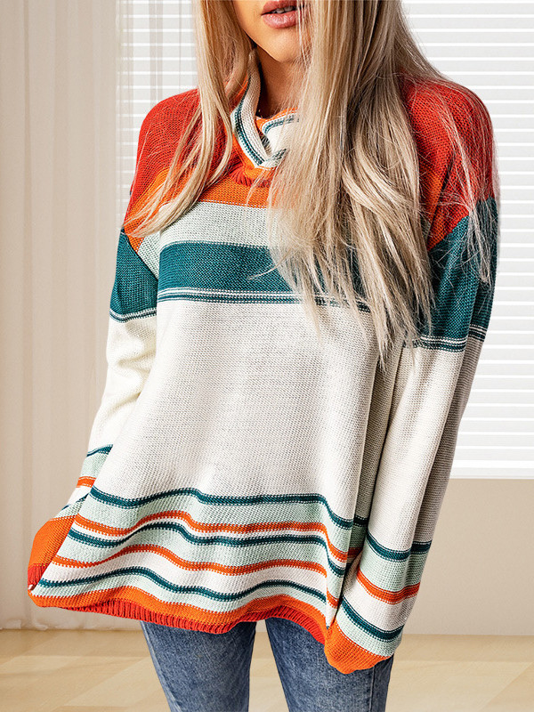 Long Sleeves Loose Split-Joint Split-Side Striped High Neck Pullovers Sweater Tops