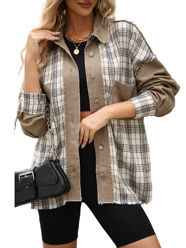 High-Low Long Sleeves Buttoned Fringed Plaid Pockets Split-Joint Lapel Outerwear