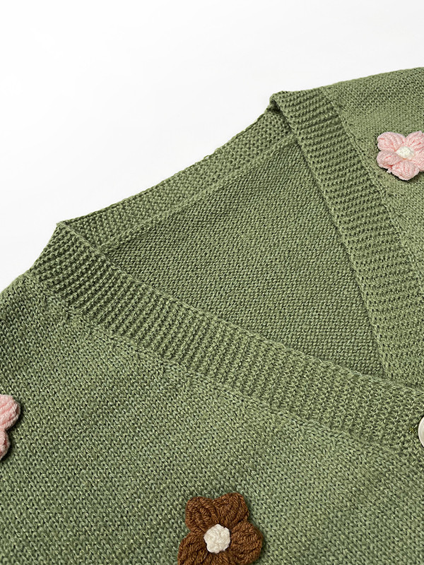 Long Sleeves Loose Buttoned Split-Joint Three-Dimensional Flower V-Neck Cardigan Tops