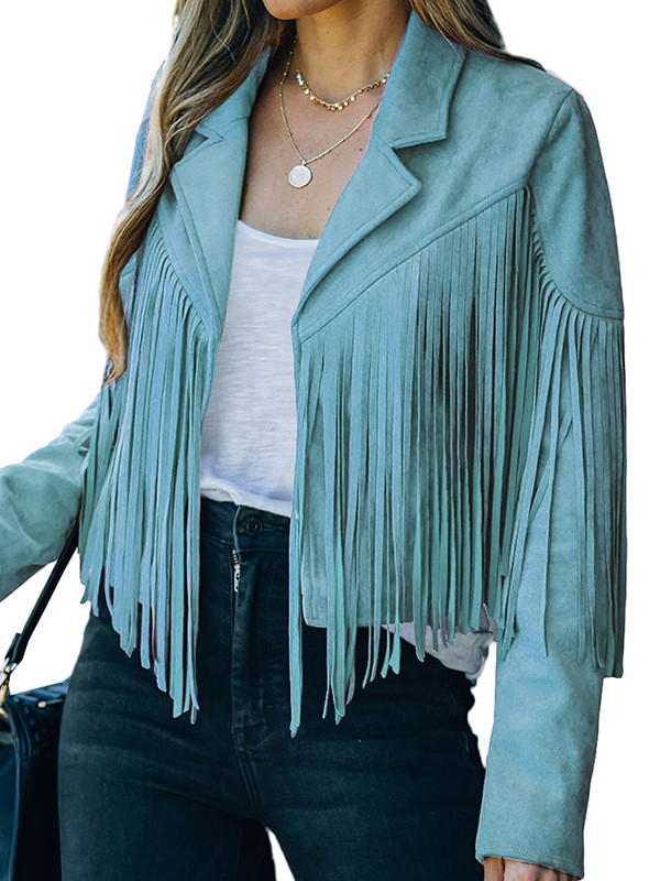 Batwing Sleeves Long Sleeves Solid Color Split-Joint Tasseled Notched Collar Jackets Outerwear