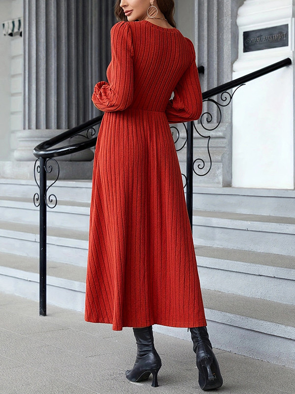 A-Line Long Sleeves Solid Color Split-Joint Round-Neck Midi Dresses