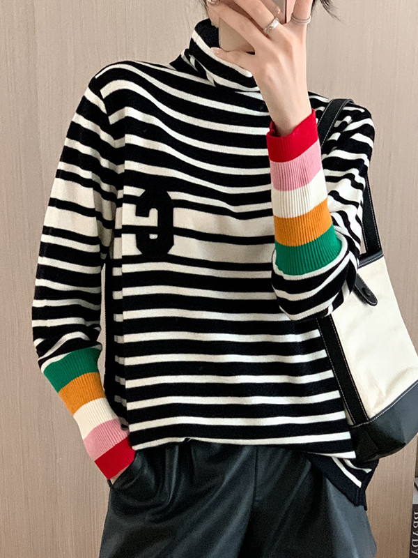 Long Sleeves Loose Contrast Color Knitted Letters Split-Joint Striped High Neck Pullovers Sweater Tops