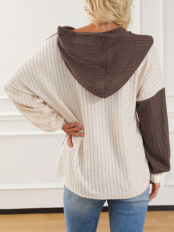 Hooded Long Sleeves Buttoned Contrast Color Pockets Split-Joint Hoodies Tops