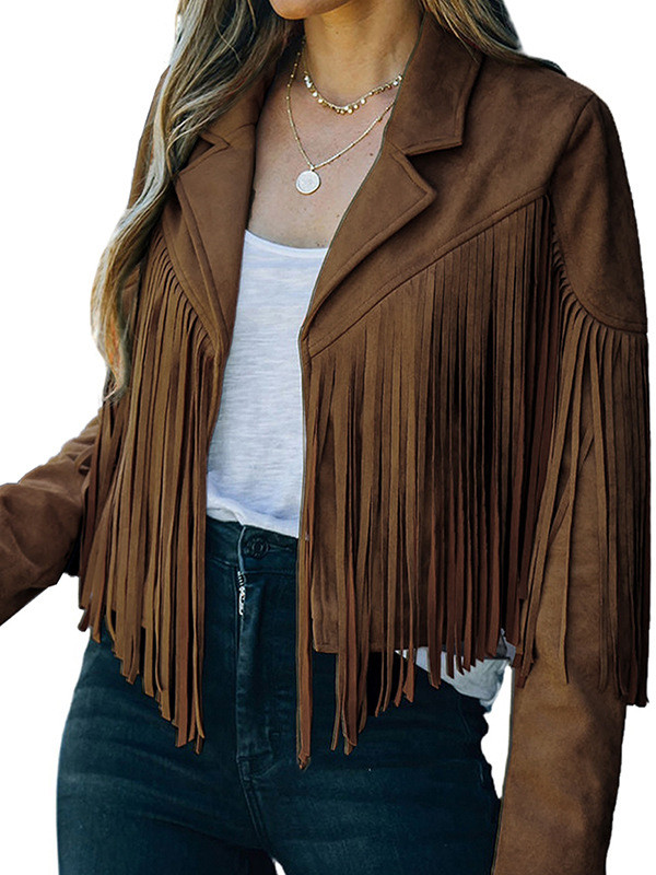 Batwing Sleeves Long Sleeves Solid Color Split-Joint Tasseled Notched Collar Jackets Outerwear