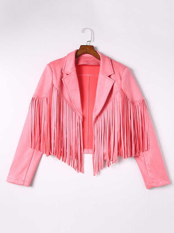 Batwing Sleeves Long Sleeves Solid Color Split-Joint Tasseled Notched Collar Jackets Outerwear
