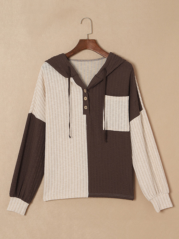 Hooded Long Sleeves Buttoned Contrast Color Pockets Split-Joint Hoodies Tops
