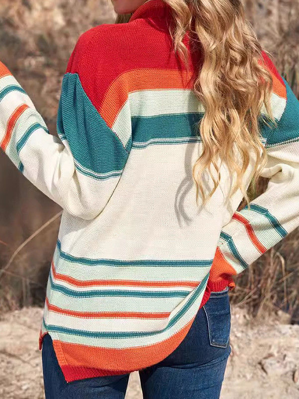 Long Sleeves Loose Split-Joint Split-Side Striped High Neck Pullovers Sweater Tops