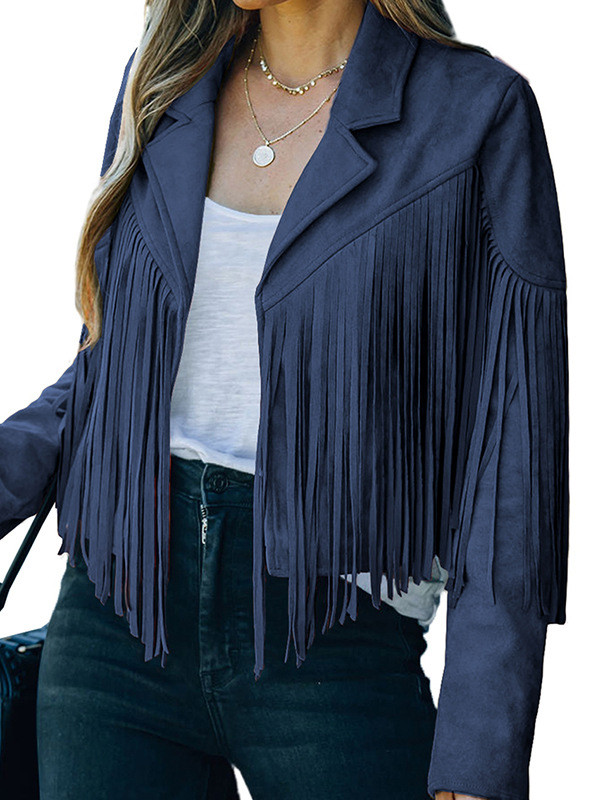 Batwing Sleeves Long Sleeves Solid Color Split-Joint Tasseled Notched Collar Jackets Outerwear