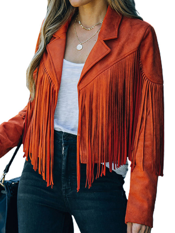 Batwing Sleeves Long Sleeves Solid Color Split-Joint Tasseled Notched Collar Jackets Outerwear