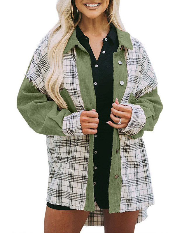 High-Low Long Sleeves Buttoned Fringed Plaid Pockets Split-Joint Lapel Outerwear