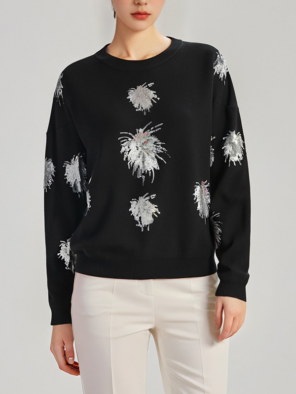 Long Sleeves Loose Sequined Round-Neck Pullovers Sweater Tops