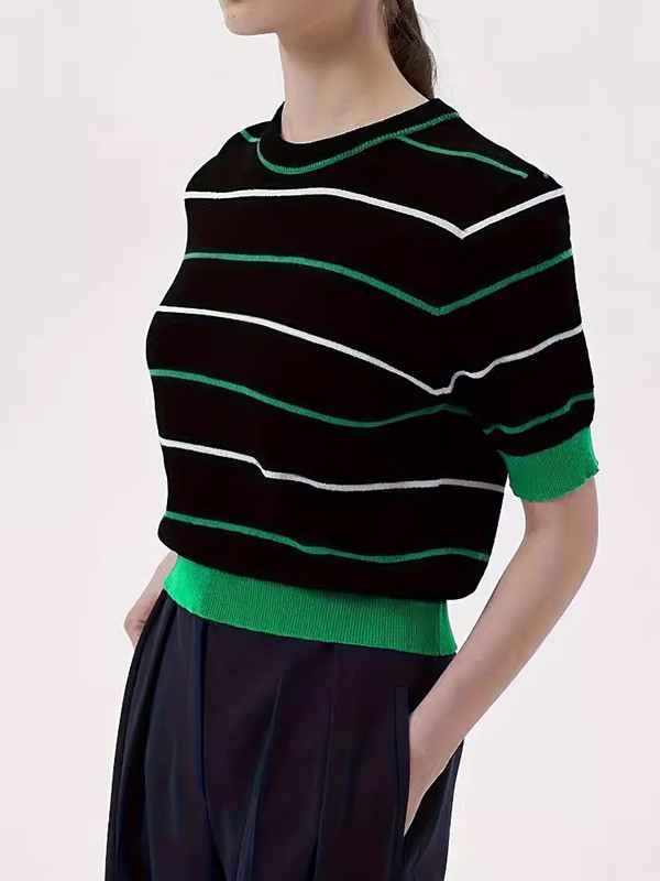 Loose Short Sleeves Contrast Color Split-Joint Striped Round-Neck Pullovers Sweater Tops