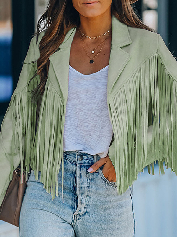 Batwing Sleeves Long Sleeves Solid Color Split-Joint Tasseled Notched Collar Jackets Outerwear