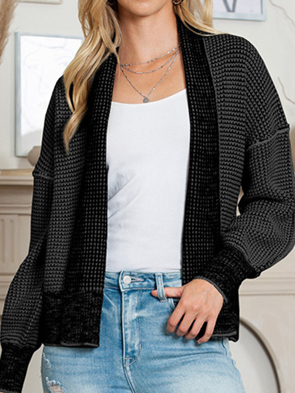Long Sleeves Loose Contrast Color Split-Joint Collarless Cardigan Tops