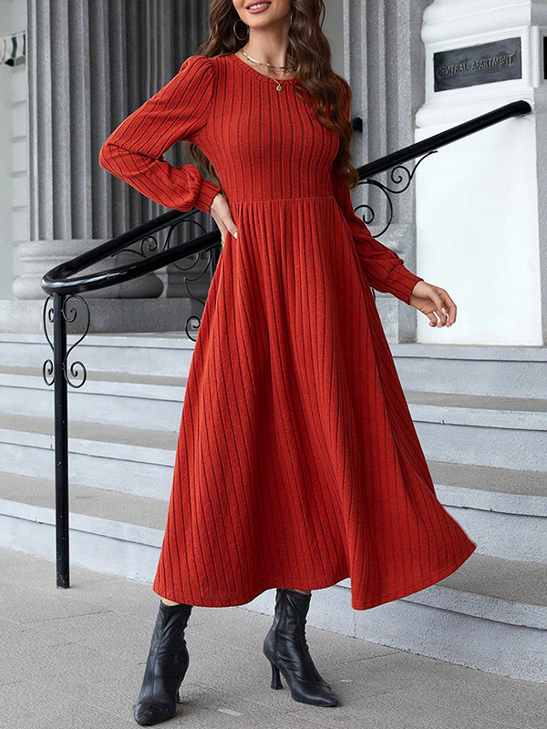 A-Line Long Sleeves Solid Color Split-Joint Round-Neck Midi Dresses