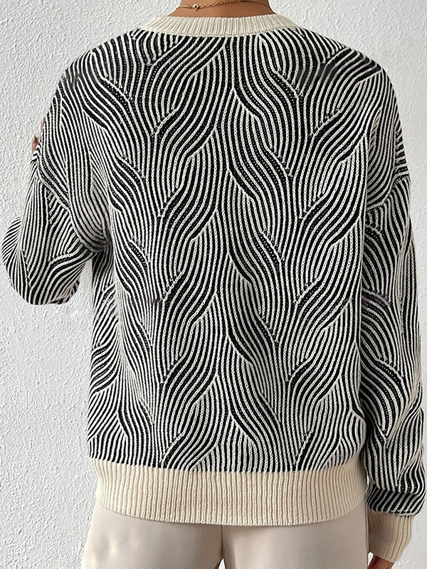 Long Sleeves Loose Contrast Color Split-Joint Striped Round-Neck Pullovers Sweater Tops