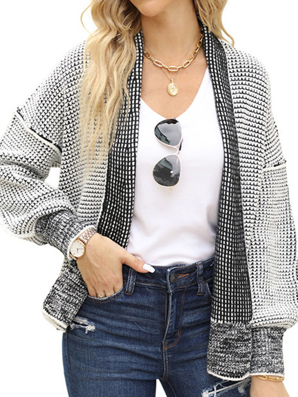 Long Sleeves Loose Contrast Color Split-Joint Collarless Cardigan Tops