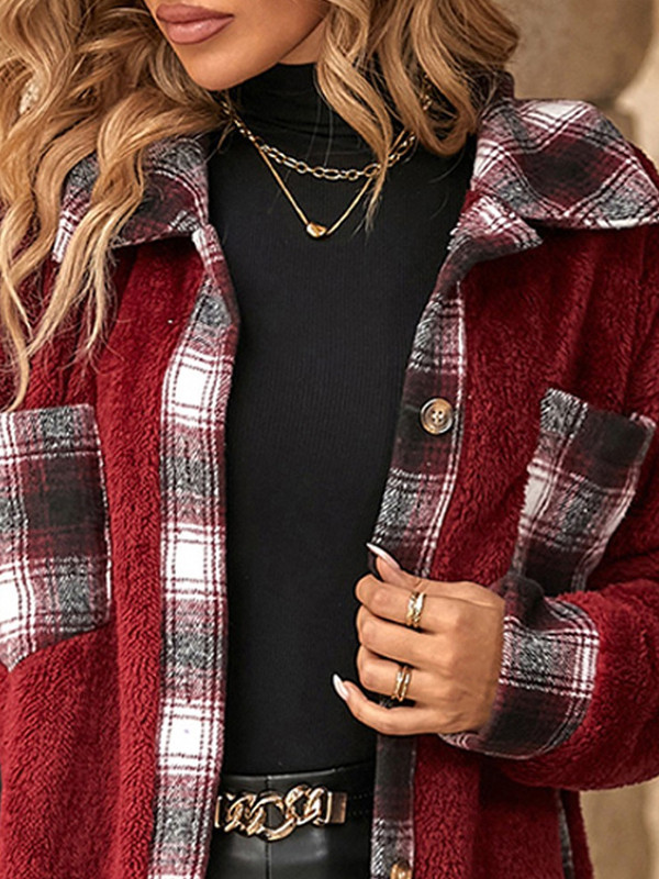 Long Sleeves Loose Buttoned Plaid Pockets Split-Joint Lapel Outerwear