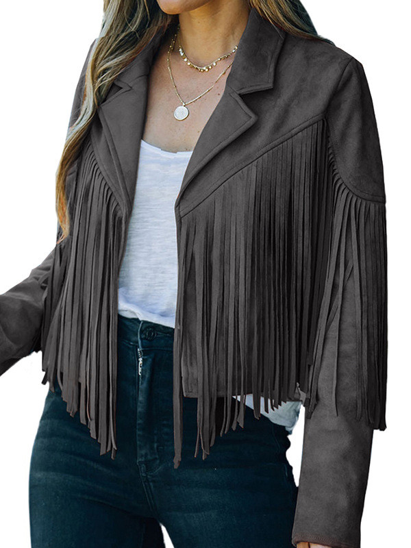 Batwing Sleeves Long Sleeves Solid Color Split-Joint Tasseled Notched Collar Jackets Outerwear