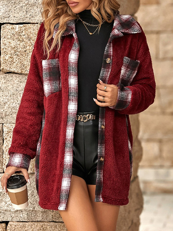 Long Sleeves Loose Buttoned Plaid Pockets Split-Joint Lapel Outerwear