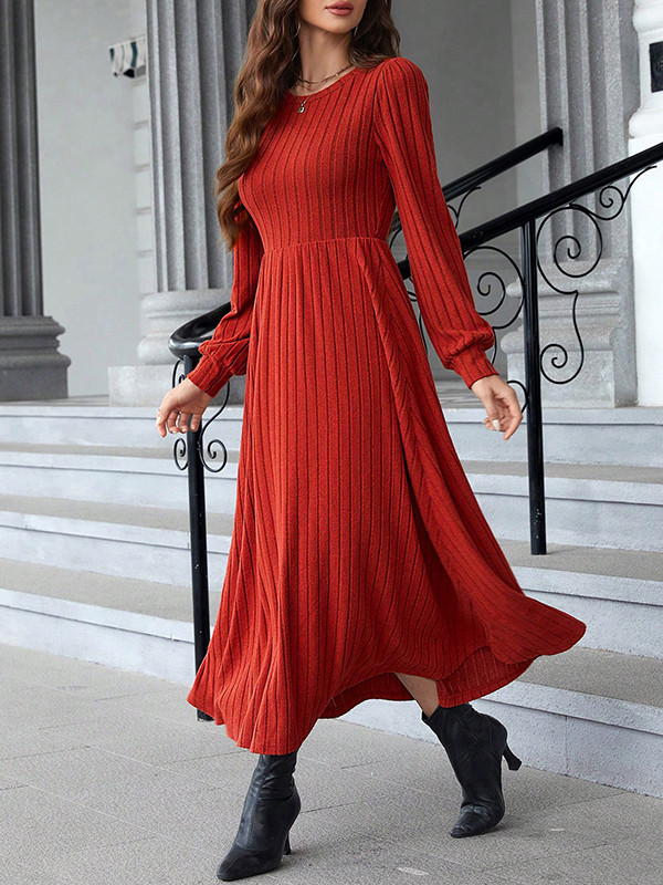 A-Line Long Sleeves Solid Color Split-Joint Round-Neck Midi Dresses