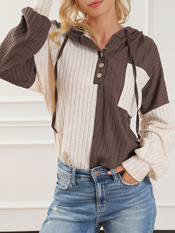 Hooded Long Sleeves Buttoned Contrast Color Pockets Split-Joint Hoodies Tops