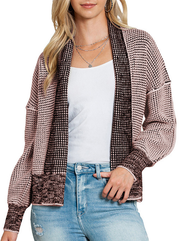 Long Sleeves Loose Contrast Color Split-Joint Collarless Cardigan Tops