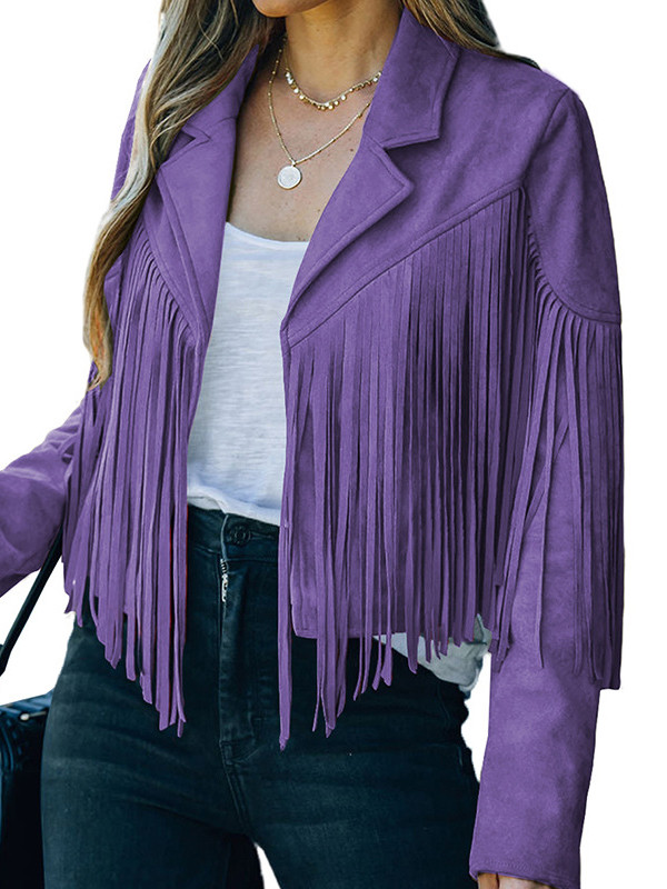 Batwing Sleeves Long Sleeves Solid Color Split-Joint Tasseled Notched Collar Jackets Outerwear