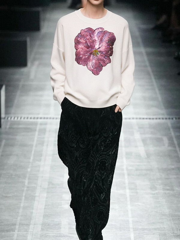 Long Sleeves Loose Embroidered Flower Print Sequined Split-Joint Round-Neck Pullovers Sweater Tops