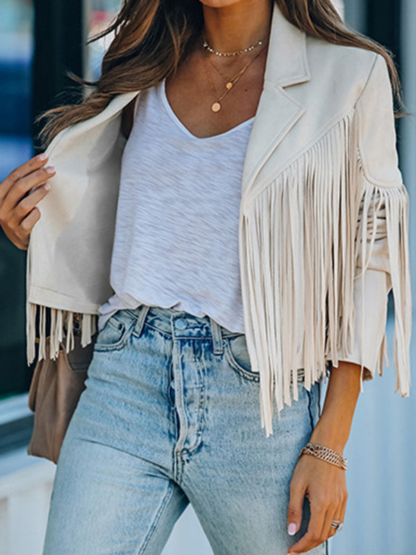 Batwing Sleeves Long Sleeves Solid Color Split-Joint Tasseled Notched Collar Jackets Outerwear