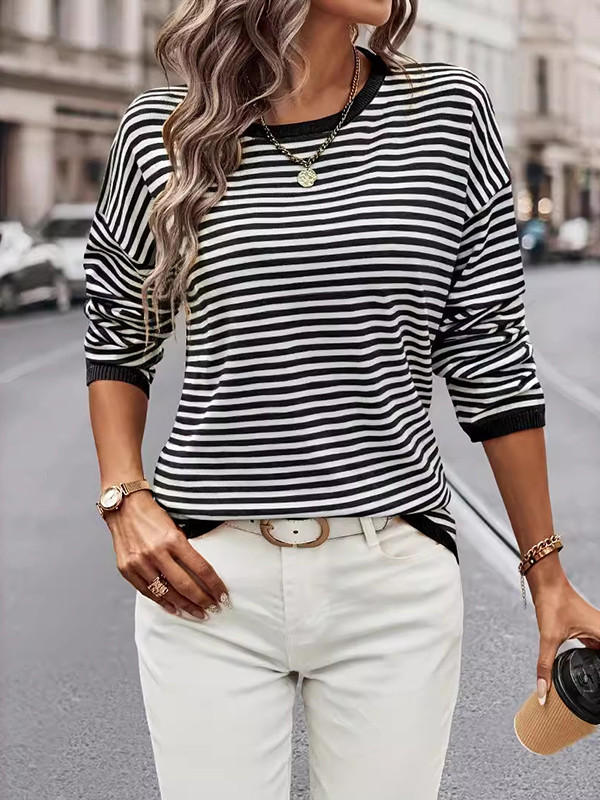 Long Sleeves Loose Contrast Color Split-Joint Striped Round-Neck Pullovers Sweater Tops