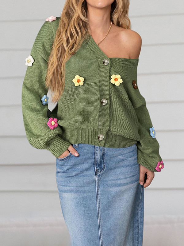 Long Sleeves Loose Buttoned Split-Joint Three-Dimensional Flower V-Neck Cardigan Tops