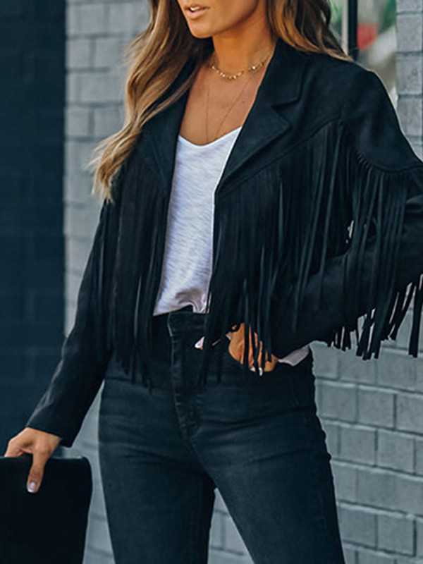 Batwing Sleeves Long Sleeves Solid Color Split-Joint Tasseled Notched Collar Jackets Outerwear