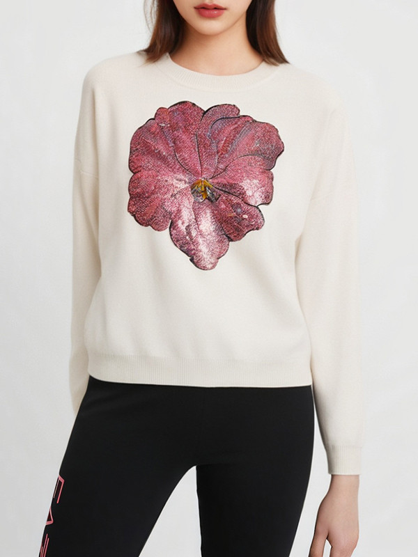 Long Sleeves Loose Embroidered Flower Print Sequined Split-Joint Round-Neck Pullovers Sweater Tops