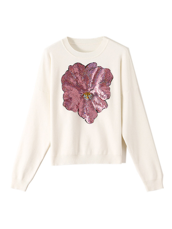 Long Sleeves Loose Embroidered Flower Print Sequined Split-Joint Round-Neck Pullovers Sweater Tops