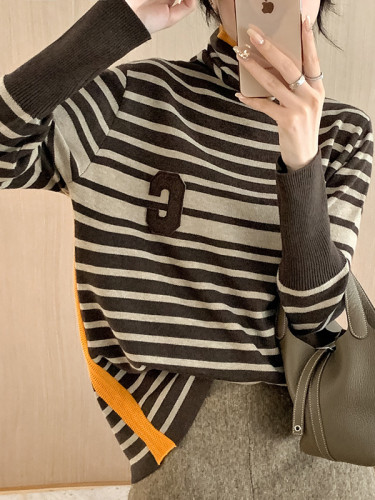 Long Sleeves Loose Contrast Color Knitted Letters Split-Joint Striped High Neck Pullovers Sweater Tops