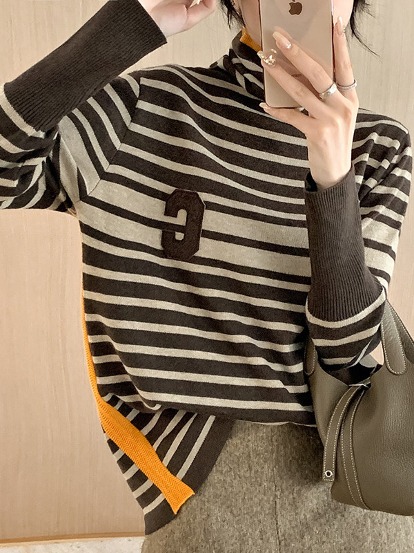 Long Sleeves Loose Contrast Color Knitted Letters Split-Joint Striped High Neck Pullovers Sweater Tops