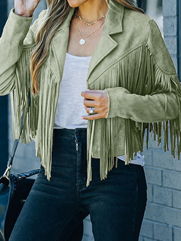 Batwing Sleeves Long Sleeves Solid Color Split-Joint Tasseled Notched Collar Jackets Outerwear