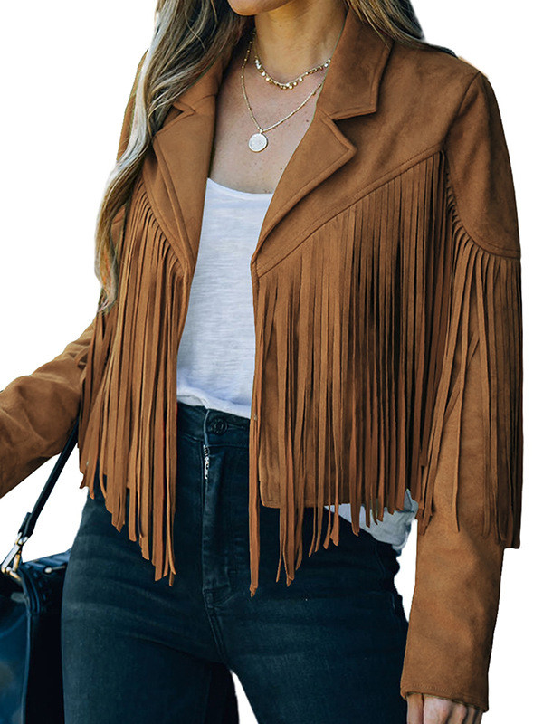 Batwing Sleeves Long Sleeves Solid Color Split-Joint Tasseled Notched Collar Jackets Outerwear