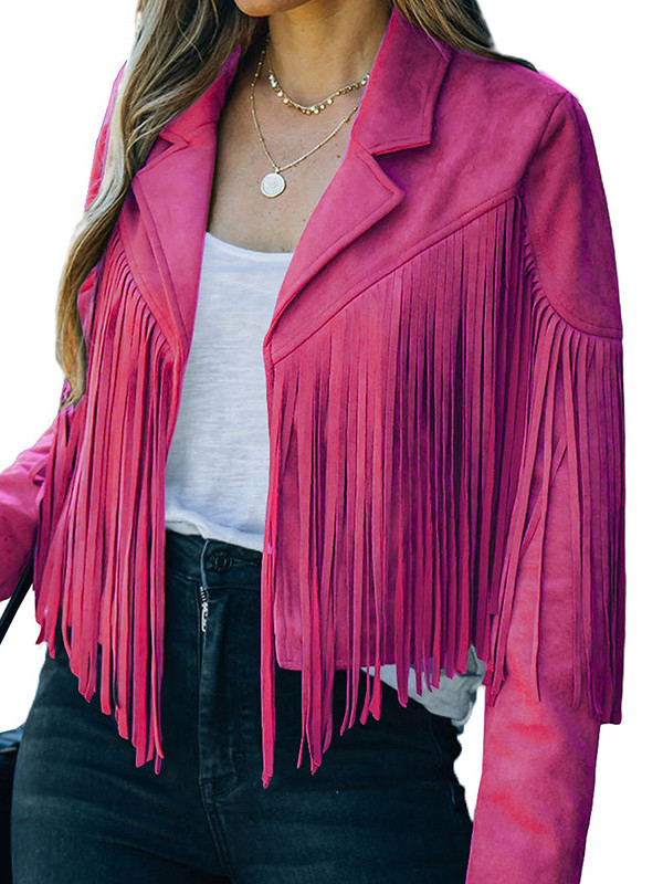 Batwing Sleeves Long Sleeves Solid Color Split-Joint Tasseled Notched Collar Jackets Outerwear